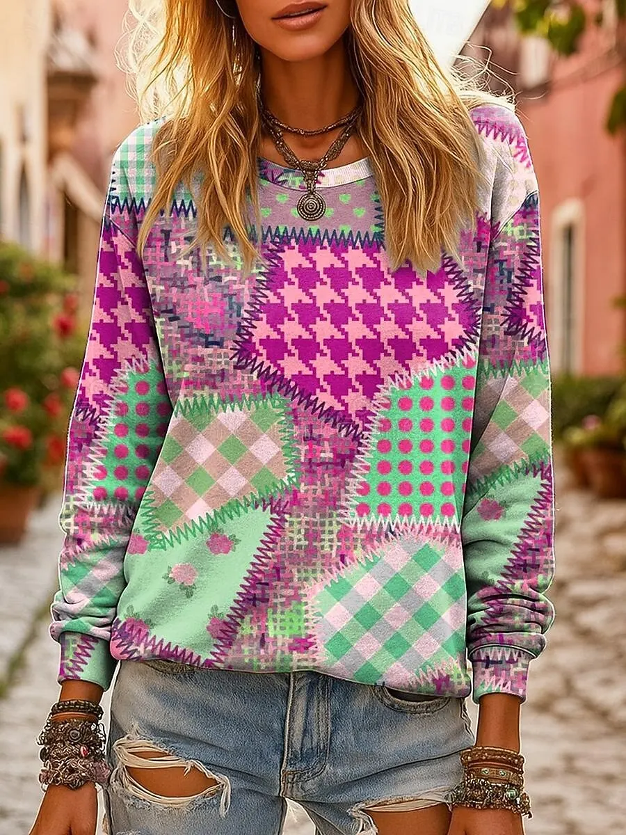 خريف شتاء البلوز المرأة الجرافيك هندسية الرجعية البلوز ثلاثية الأبعاد يطبع س الرقبة طويلة الأكمام بلايز ملابس نسائية Y2K الشارع الشهير #2