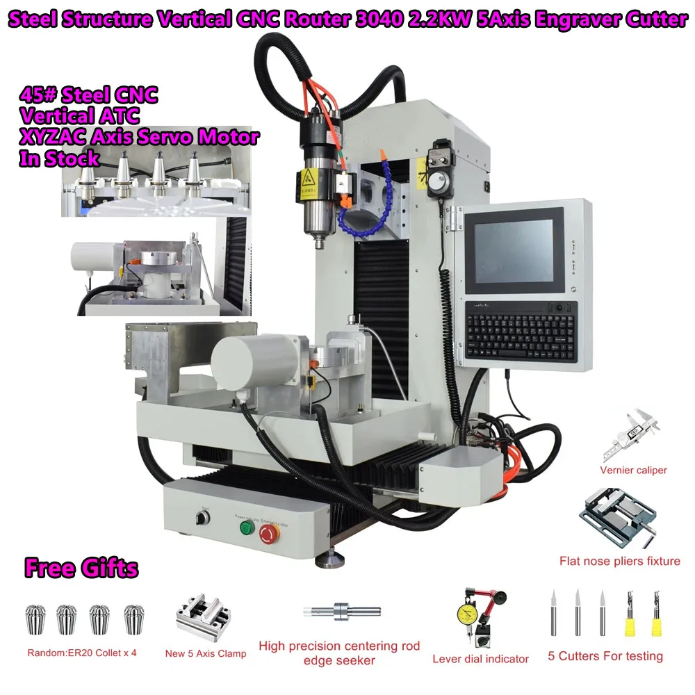 ATC CNC 3040 5 Axis 2.2KW 45# Steel Engraving Cutting Machine Servo Motor Engraver Cutter for Metal Silver DSP 2in1 4030 Vertica