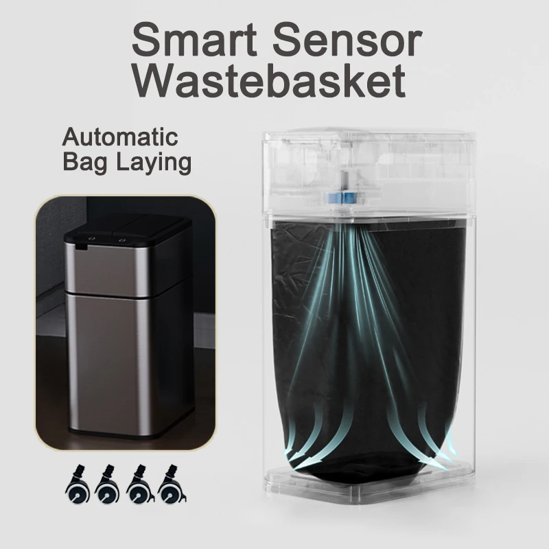 15/20L Smart Trash Can Waterproof Large Kitchen Wastebasket Sensor Automatic Bagging Trash Bin Household Rectangular Garbage Can