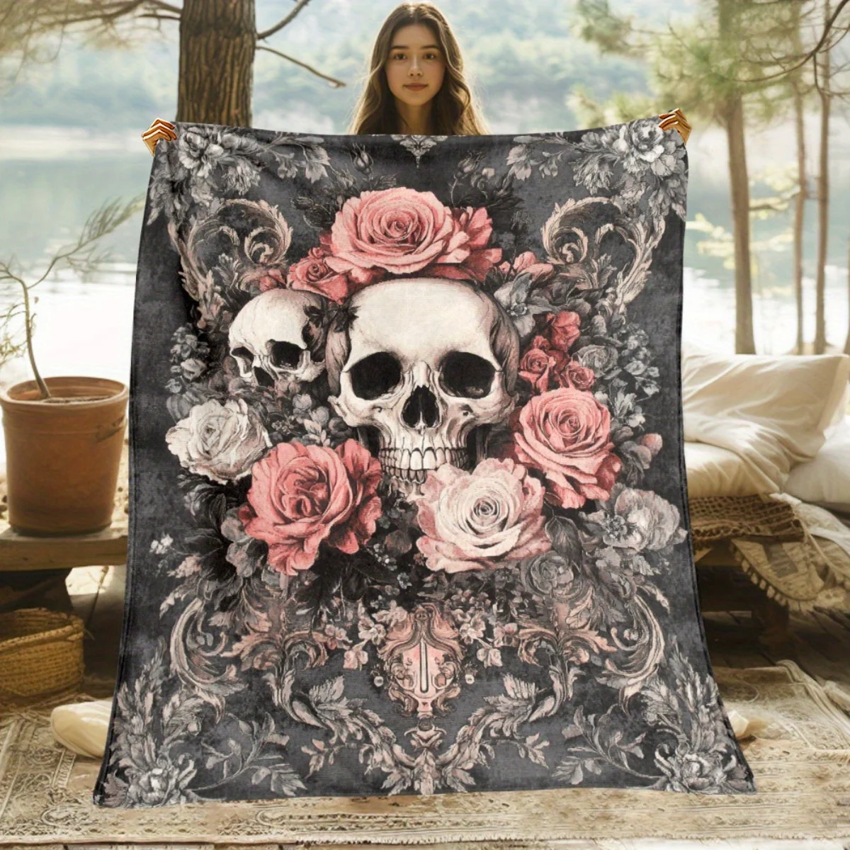 Gothic Floral Skull Pink Roses White Skulls Dark Aesthetic Art Pattern Throw Blanket for Sofa Bed Living Room Home Decor