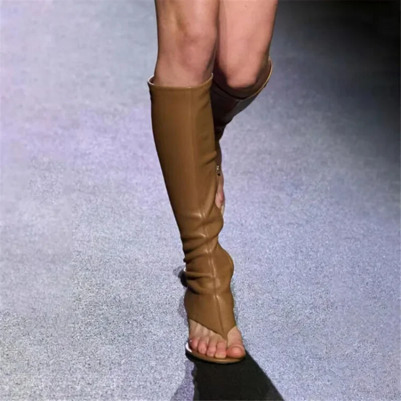 2023 Elastic Slim Heel Clip Toe Boots  European Fashion Cool Boots Cat Heel Open Toe Knee High Boots Zipper Ankle Short Boots