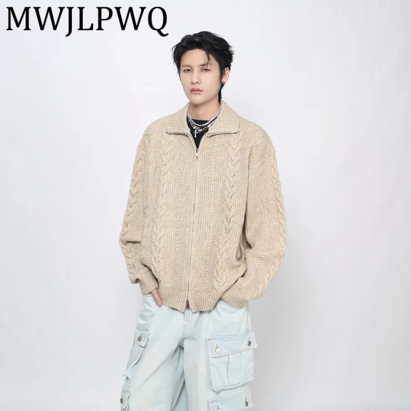 

MWJLPWQ American Retro Texture Knitted Full Zipper Sweater Men's Basic Tide Long Sleeve Loose Fit Casual Cardigan Tops 21761