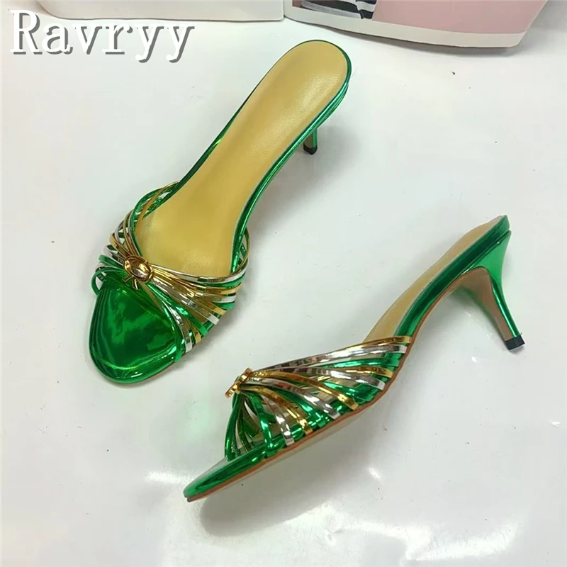 مشبك معدني ضيق النطاق المنسوجة النعال النساء مصمم جديد اللمحة تو الكعب الأوسط الصنادل الصيف موضة فستان الحفلات الأحذية #3