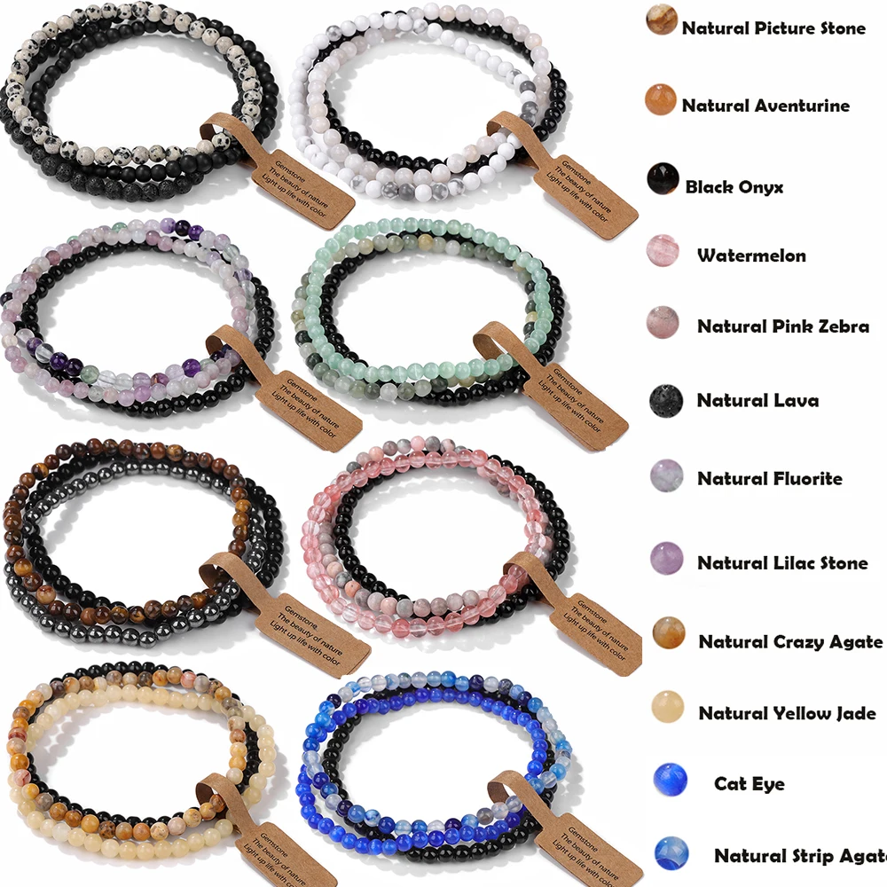 4mm Mini Natural Stone Mineral Beaded Bracelet Minimalism New Fashion Elastic Rope Gem Bracelets 3pcs/set Gifts Wholesale