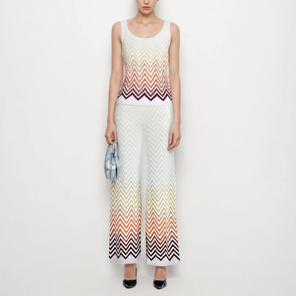 

Bohemian Style Knitted Top And Wide Leg Pants Two-Piece Set Shiny Thread Sleeveless Vest High Quality Boho Fashion Ensemble