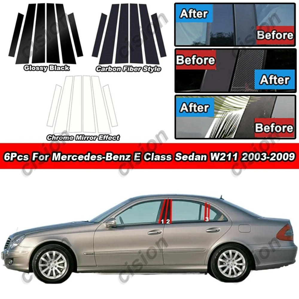 Para Mercedes Benz Clase E W211, ventana de puerta de coche, centro medio B C, cubierta de columna, embellecedor, pegatina cromada de fibra de carbono negra