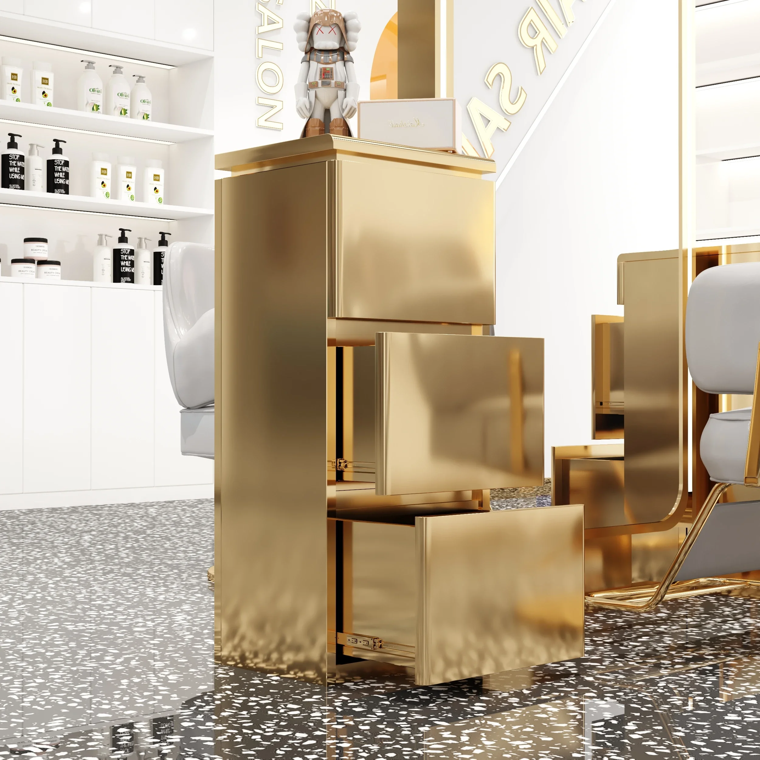 New Arrival Wholesale Luxury Golden Stainless Steel Salon Beauty Cart Rolling Trolley With 4 Wheels