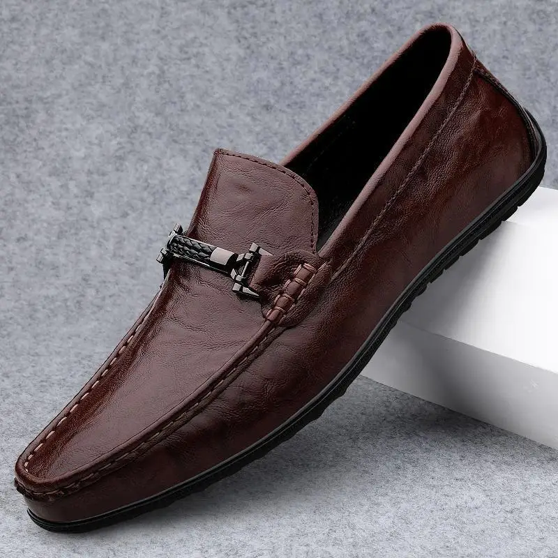 

Men's Leather Shoes 2024 Summer New Genuine Leather Business Slip-on Lofter Platform Loafers