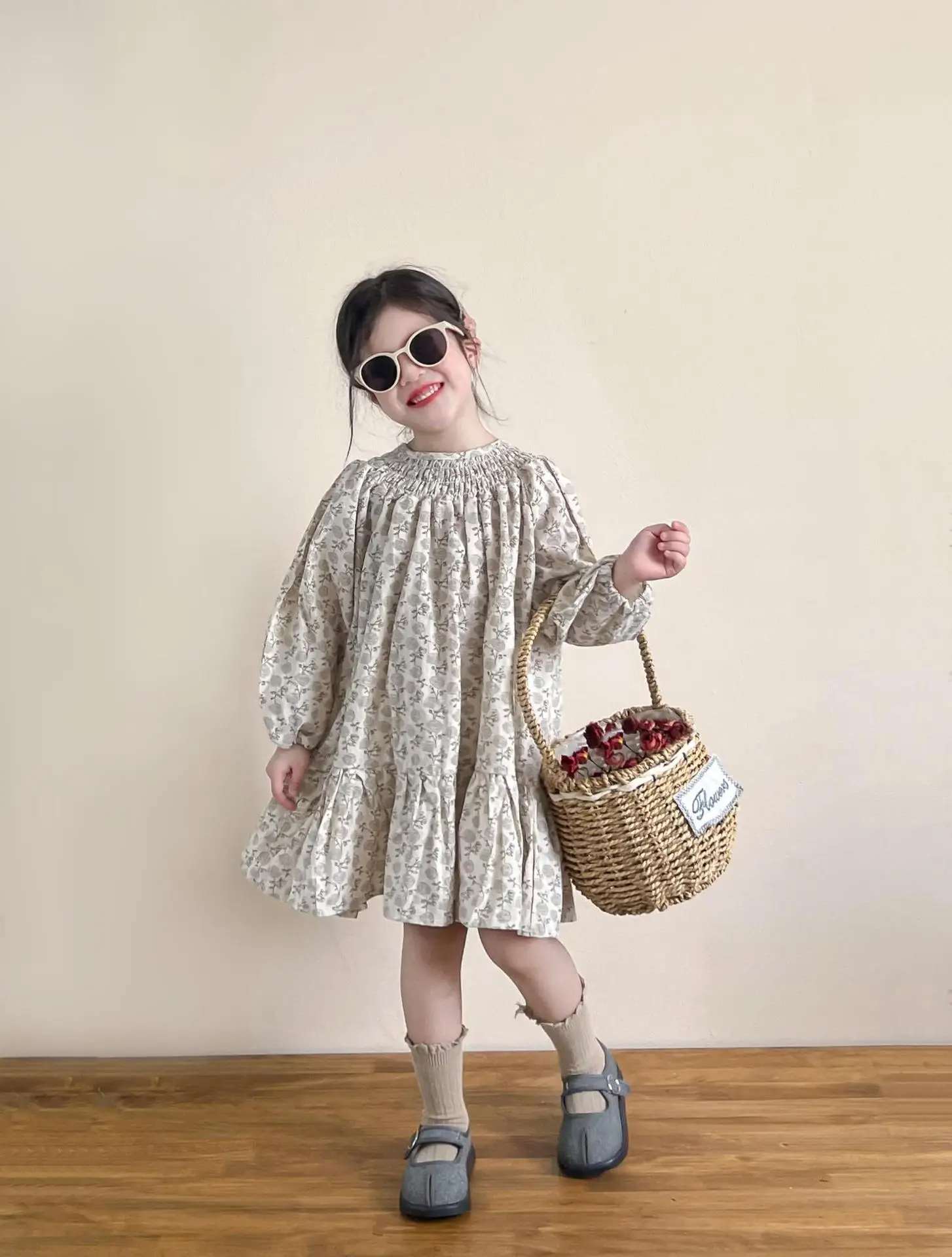 2025 Baby Girl Korean New Style Spring and Autumn Flower Picture Doll Dress Fashion and Casual Loose Kids Dress