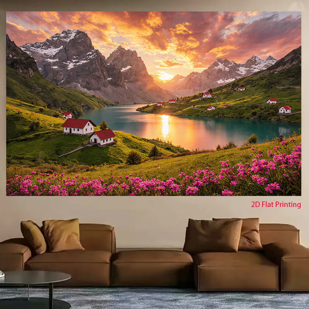 Scenic Alpine Mountain Lake Sunset Panoramic Wall Tapestry Mural Home Decoration Art Print Polyester Polyester Tapestry