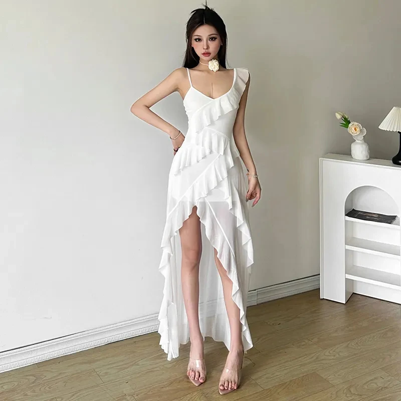 Y2K فستان كاميس مثير مكشكش موضة الصيف السباغيتي الأشرطة سليم ميدي فستان كوري الشارع الشهير شبكة المرقعة غير النظامية فيستدوس