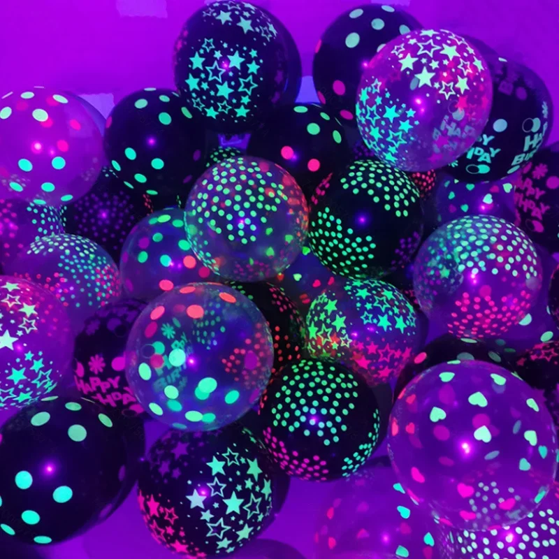 10PCS 12in Neon Balloons Glow in UV Light  Star Dot Print Thickened Latex Balloon Happy Birthday Ballons Halloween Party Decor