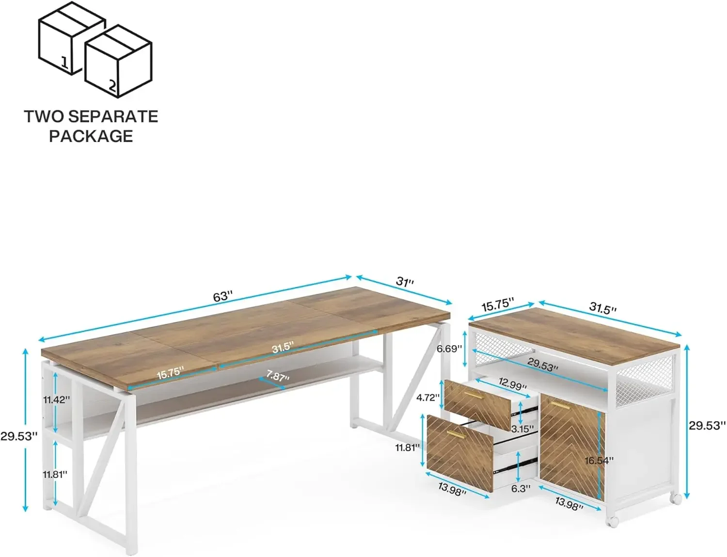 Scrivania a forma di L con cassettiera, scrivania direzionale per computer da 63", mobili per ufficio domestico in 2 pezzi, armadietto con ante (noce, 63 pollici)