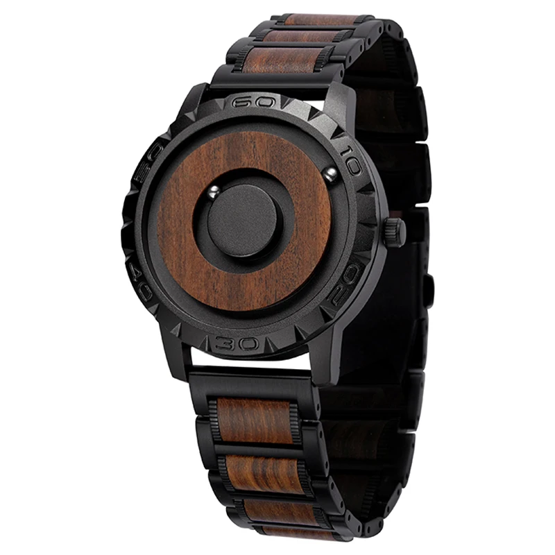 Metal Wood Watch for Men Stainless Steel Mens Quartz Wristwatch Magnetic Bead Pointer Man Conceptual Dial Unusual Male New Clock