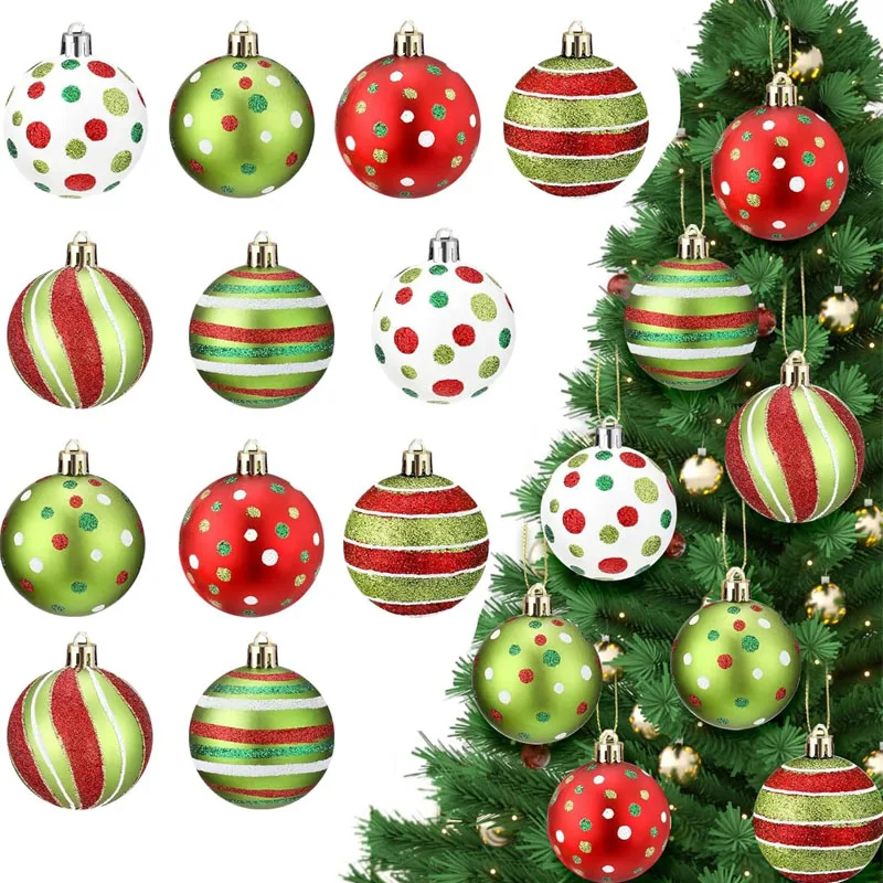 

12 Pcs Christmas Ball Ornaments 2.4 Inch Green Red White Christmas Tree Decorations Elf Plastic Hanging Decorations Balls