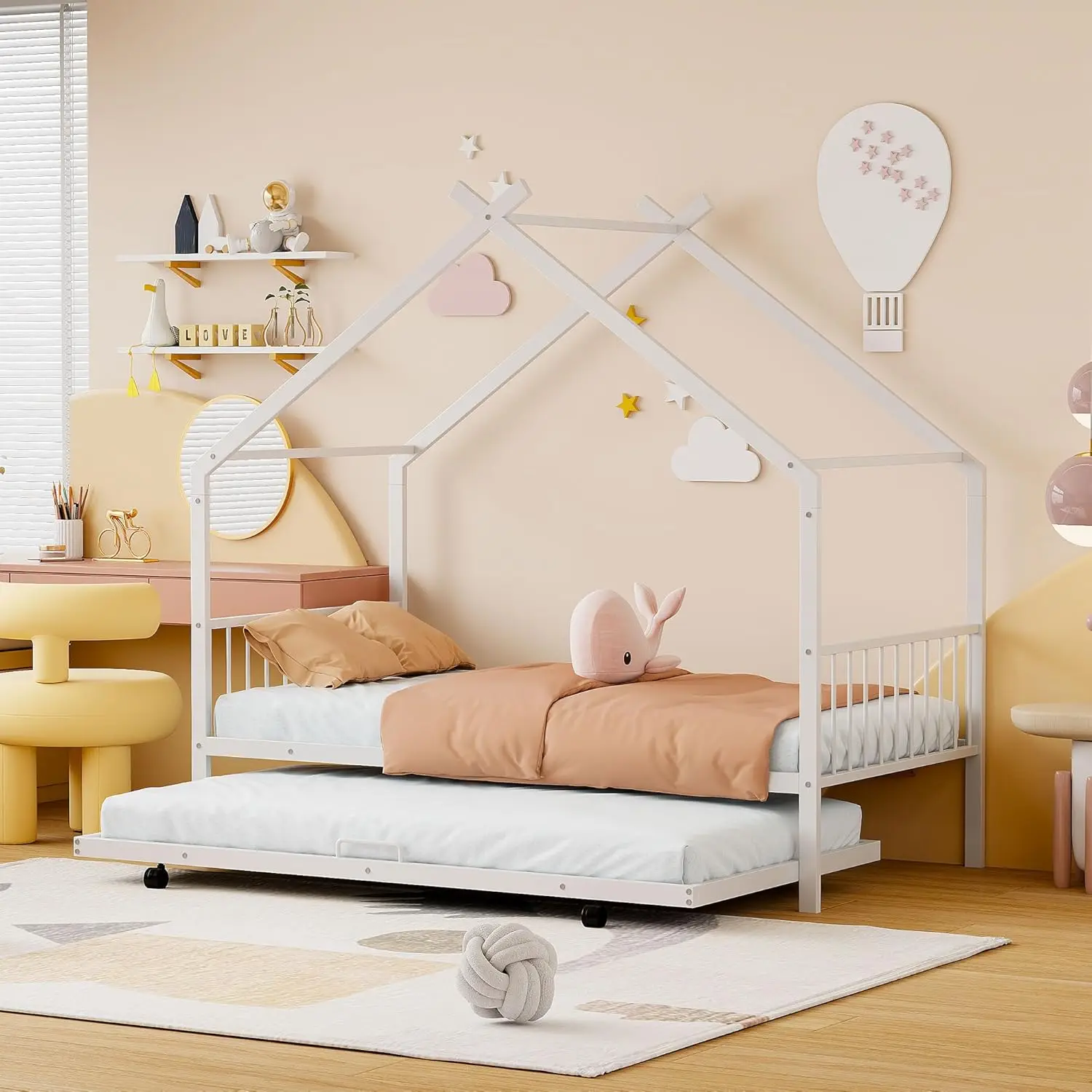 Casa de piso de Metal de tamaño doble, marco de cama con Trundle para dormitorio, niños, niñas, adolescentes