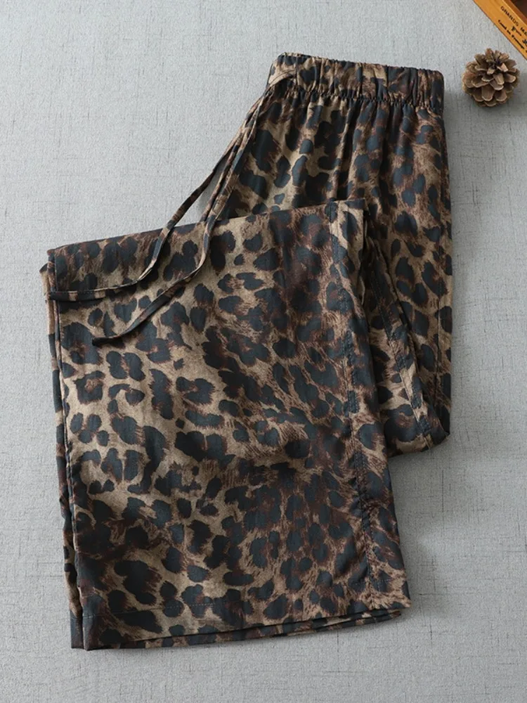  Linen Loose Wide Leg Pants Women Summer Thin Ageless Casual Long Trousers Leopard Print Comfortable Walking Trousers