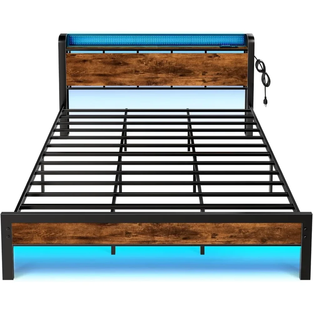 

King Size Bed Frame with LED Light,Industrial Storage Shelf Headboard with Power Outlet and USB Port bedroom furniture