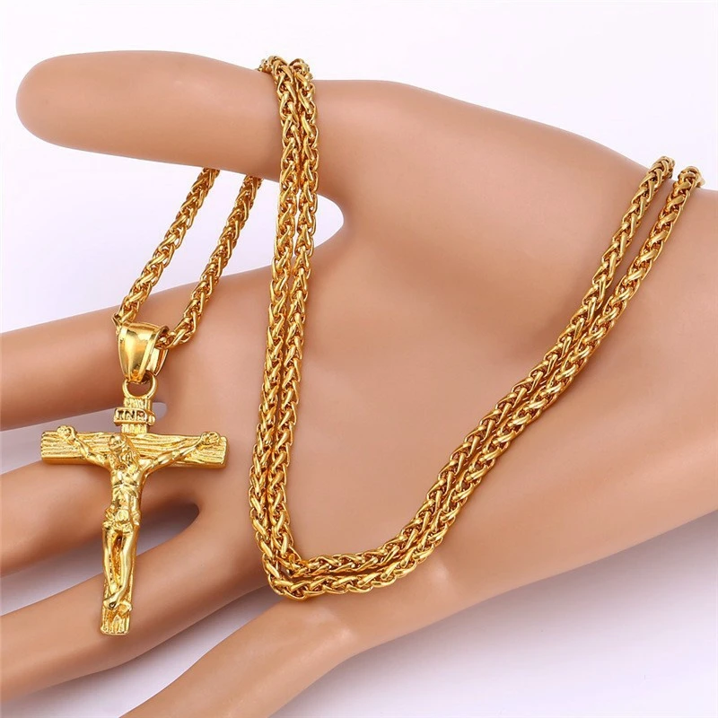 Religious Jesus Cross Necklace for Men Fashion Gold Color Cross Pendent with Chain Necklace Jewelry Gifts for Men Pendant