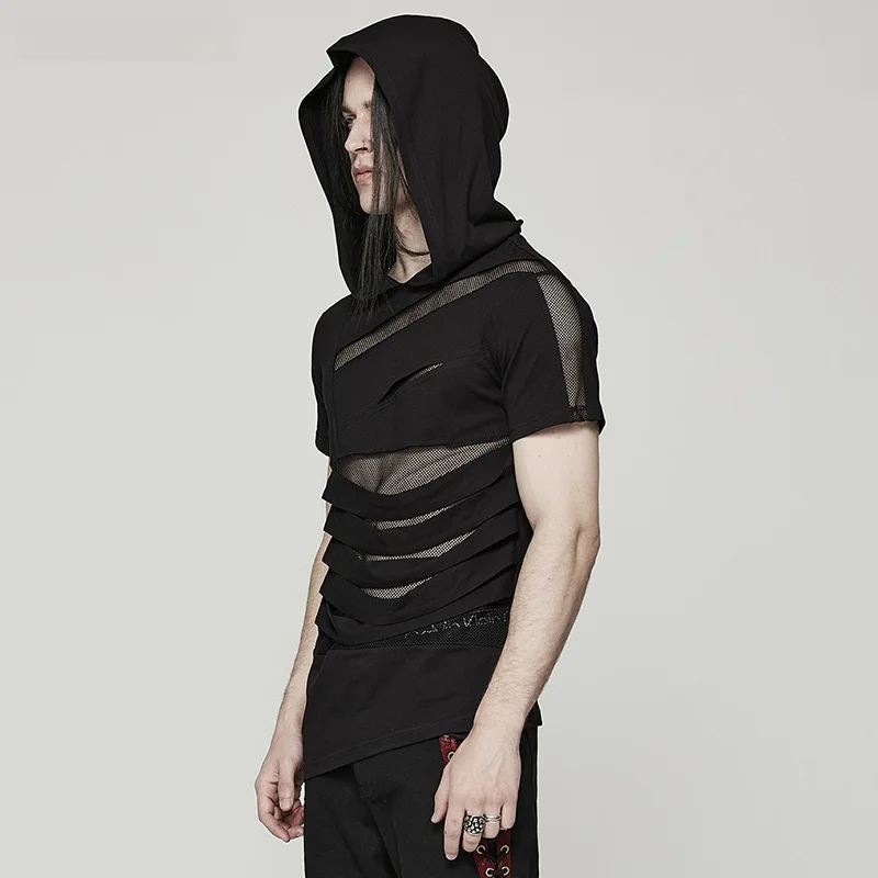 PUNKRAVE Men's Dark Style Hooded Short Sleeve T-Shirt Gothic Rock Fashion Trend Splicing Hollow out Top Cotton Polyester Blen...