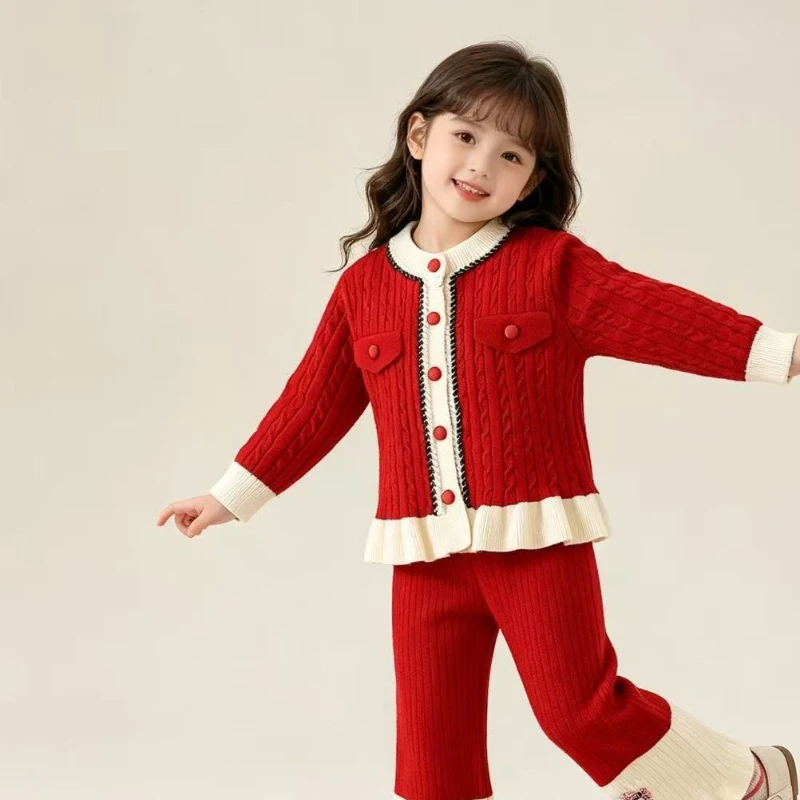 Girls' Sweater Suit Autumn and Winter New Korean Girls' Knitting Cardigan Fried Dough Twists Cute Bell Bottoms Two-piece Set