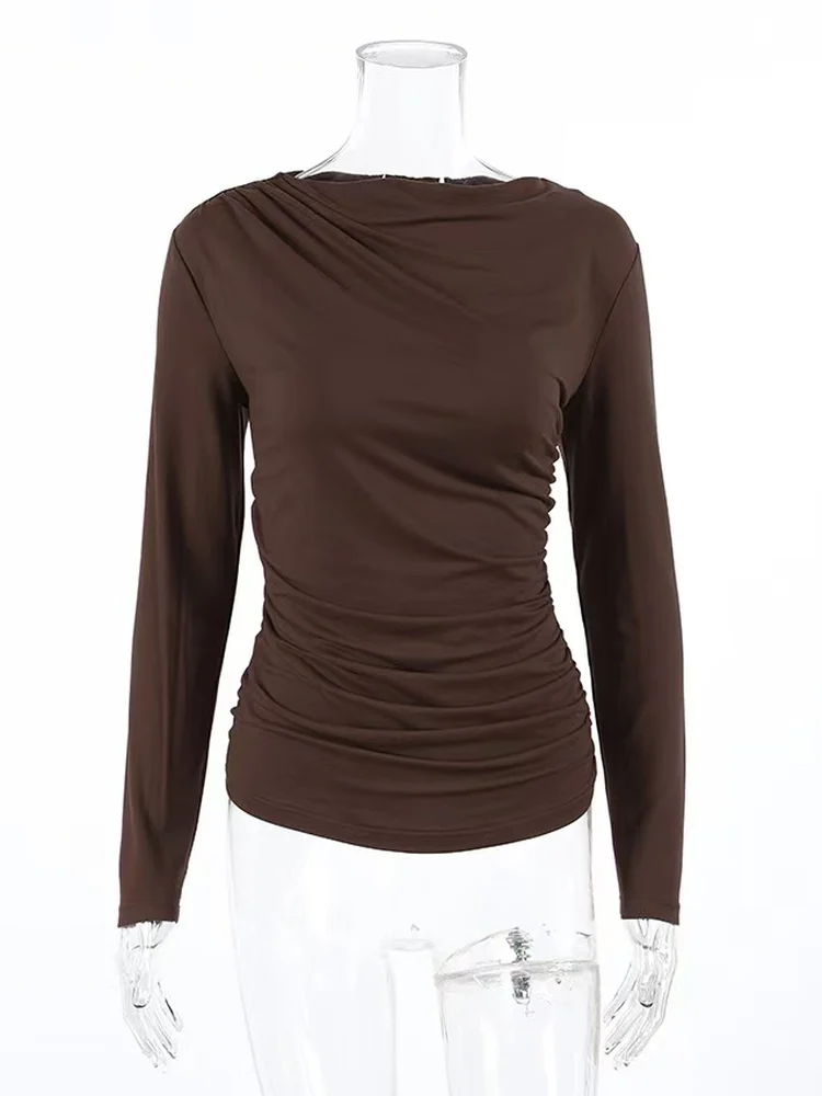 Camiseta larga plisada ajustada Sve Faionable Casual Base irt Top de Color de tela de poliéster de otoño para mujer