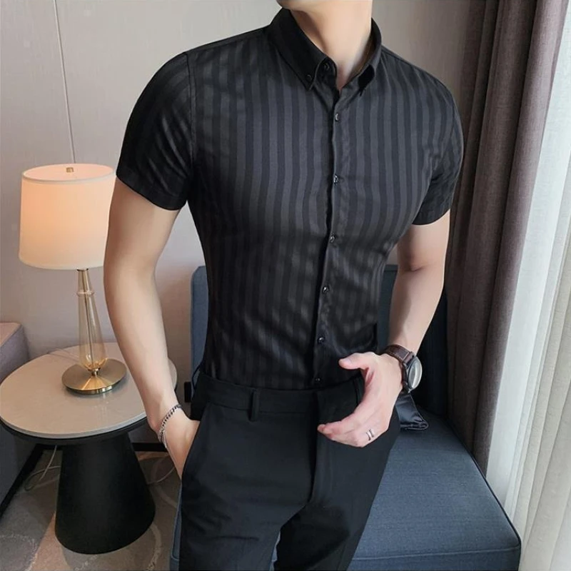 

Slim Fit Stripe Shirt Men Short Sleeve Summer Korean Style British Fashion Designer Casual Tee