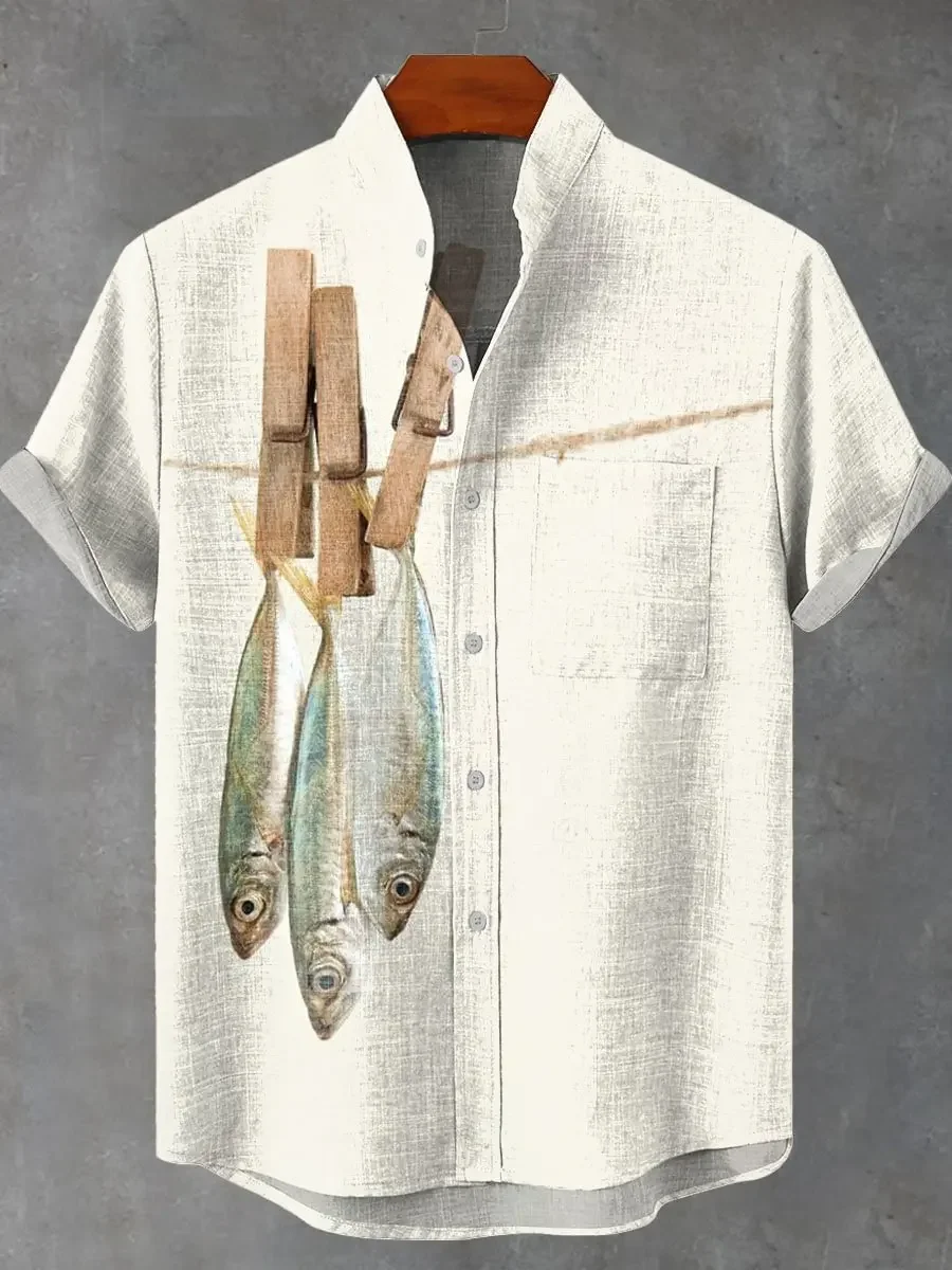 Men's New Fishing Enthusiast Clothing Elegant Fish Print Summer Short Sleeved Shirt Linen Comfortable Fabric Button Top