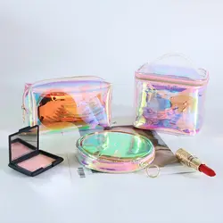 Women Portable Mini Holographic Cosmetic Pouch Clear Laser Pvc Makeup Pouch Girls Transparent Round Lipstick Storage Bag