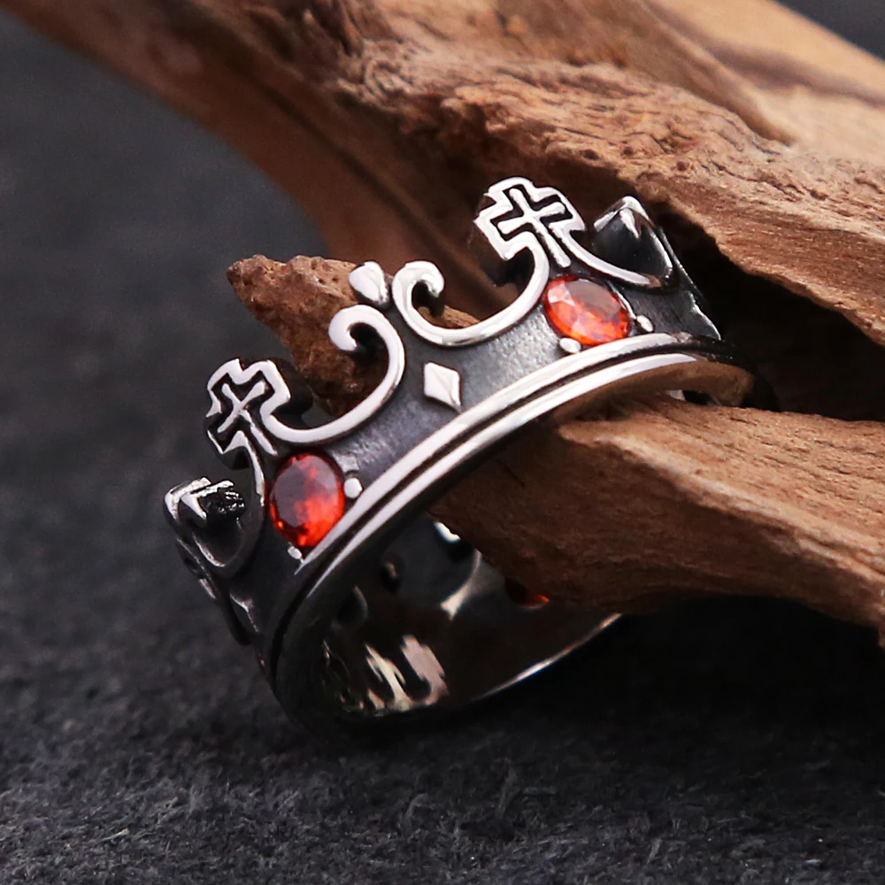 

Simple Creative 316L Stainless Steel Crown Rings With Red Stone For Men Women Punk Hip Hop Fashion Vintage Jewelry Dropshipping