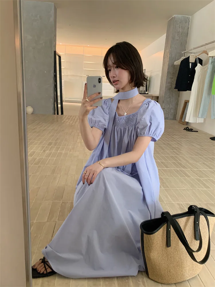 Púrpura amarillo azul marino estilo Simple moda vacaciones vestido largo suelto vacaciones de verano cuello barco elegante manga corta Puff vestido Casual