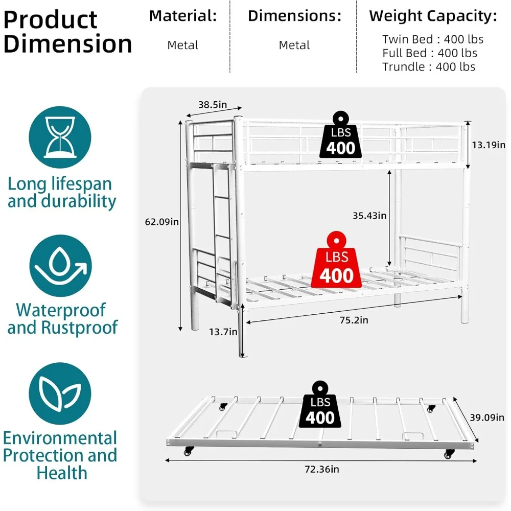 سرير مزدوج بطابقين عالي التحمل مع سلم دولاب وجانبي، سرير بطابقين قابل للتحويل مع قضبان أمان للنوم الآمن #2