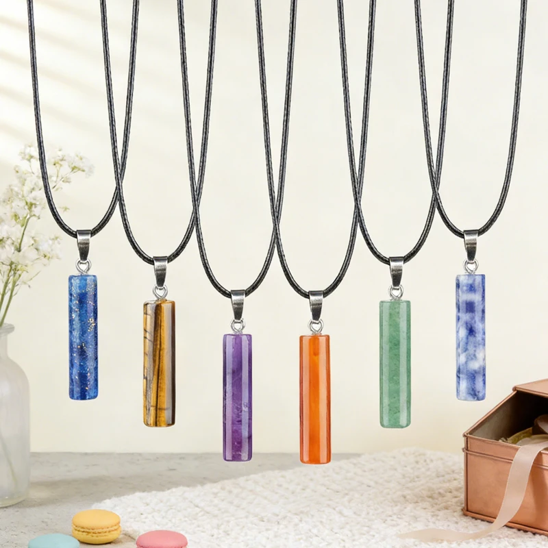 

2Strands Pendant Necklace Natural Semi-Precious Malachite/Agates Cylindrical Pendant For Christmas Birthday Gifts Chain 45+5cm