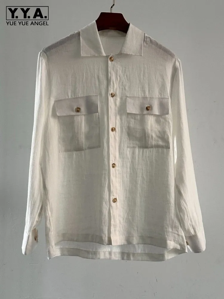Summer Mens Breathable 100% Linen Long Sleeve Shirt Tops Single Breasted Lapel Collar Business Work Shirts Comfortable Beach Top
