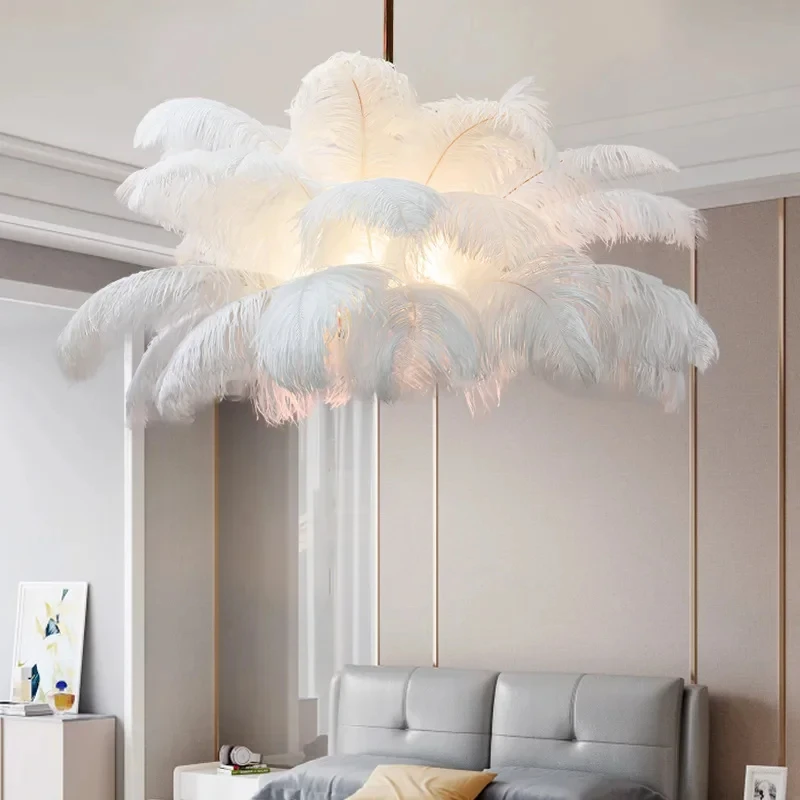Nordic Ostrich Girl Feather Art Ceiling Lamp - Indoor Hanging Chandelier for Living Room Bedroom Home Decorative Lighting