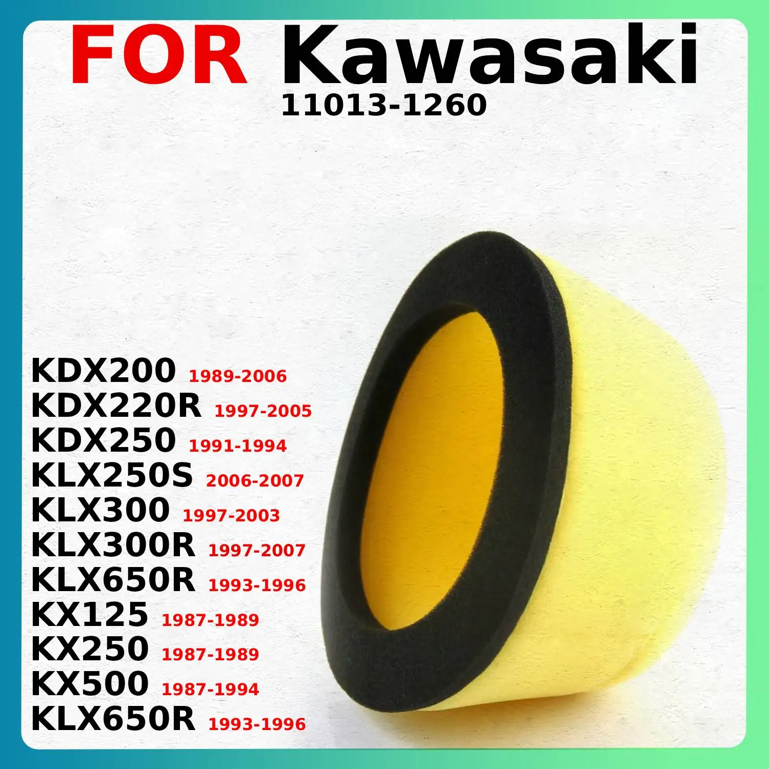 

Для мотоциклов Kawasaki KDX200, KLX650R, KX500, KDX220R, KDX250, KLX250S, KX250: Воздушный фильтр-губка, чистящая насадка, OEM: 11013-1260