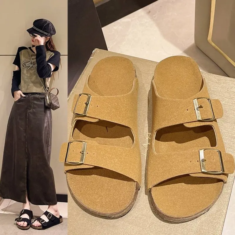 2024 New Summer Women Slippers Fahsion Beach Cork Slippers Casual Double Buckle Non-slip Slides Women Slip On Flip Flop Shoe 40