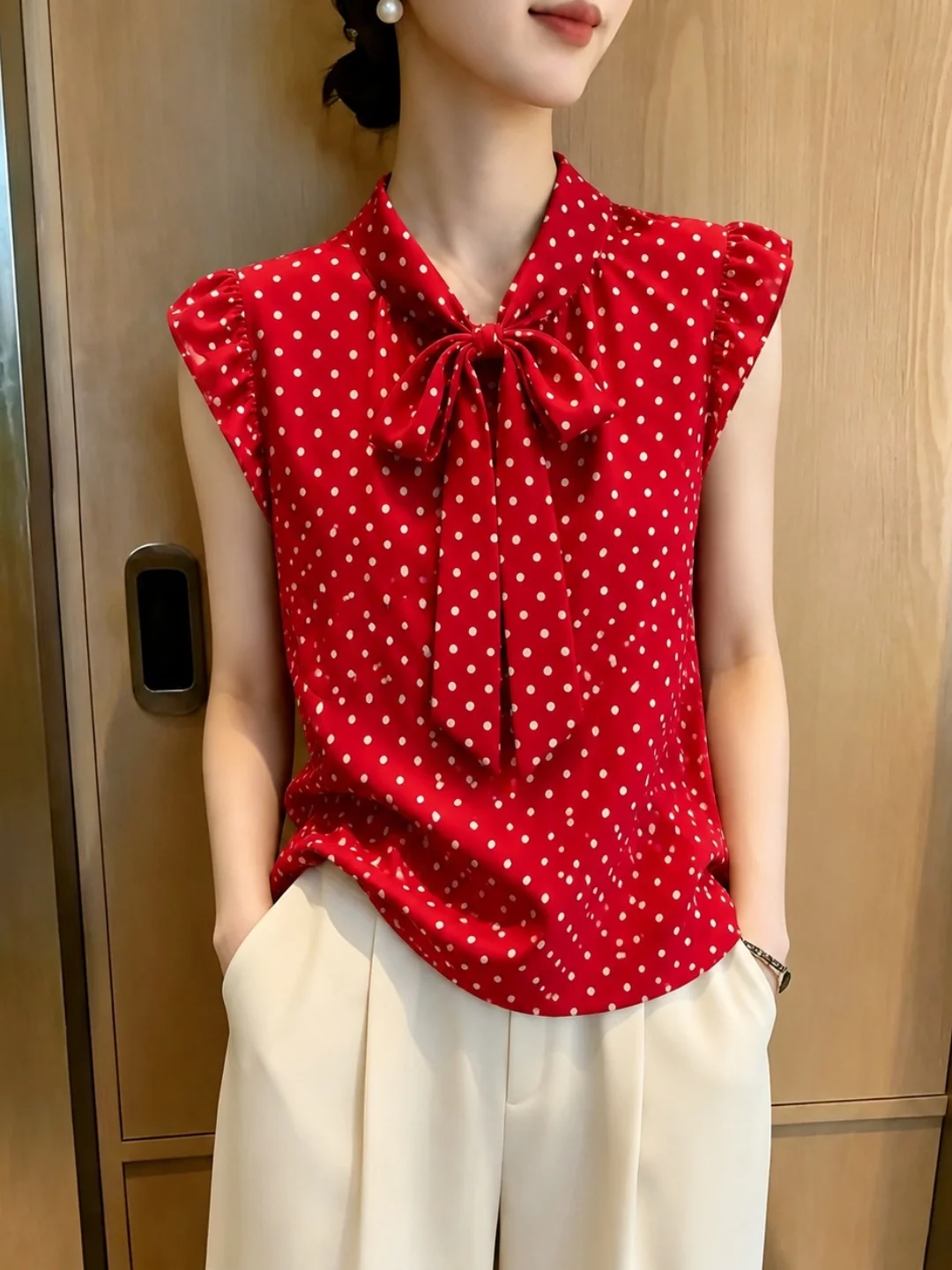 

Trendy Polka Dot Knot Sleeveless Vest Women's Fashionable Summer Retro Style Silk Top Korean Straight Cut Commute