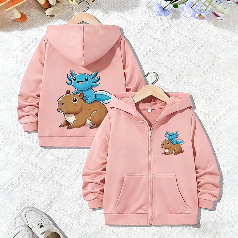 Niedliche Hoodie-Capybara-Jacke für Jungen und Mädchen mit Reißverschluss, Frühling und Herbst, trendige Tier-Cartoon-Sweatshirts mit Reißverschluss, lustig und stilvoll