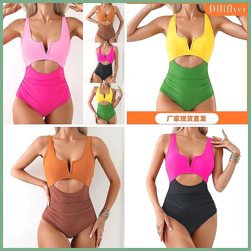 

2025 New Summer Women's One Piece Swimsuit, Square Neck & Cutout Back, Solid Color Bathing Suit Beachwear