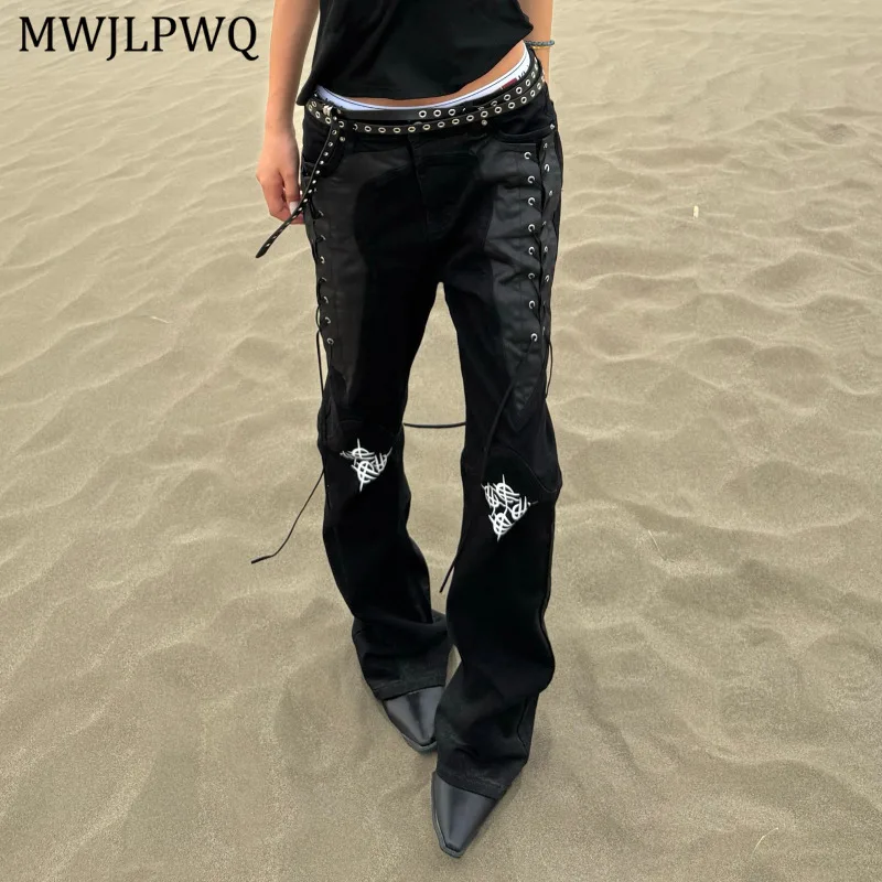

MWJLPWQ Dark Strap Rope Heavy Craft Deconstructed Punk Flared Jeans Men's High Street New Slim Design Sense Denim Trousers 11371