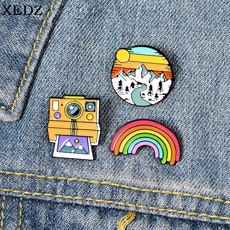 Cartoon Creative Cute Camera Rainbow Enamel Pin Sunrise Snow Mountain Brooch Clothes Backpack Badge Personality Jewelry Gift