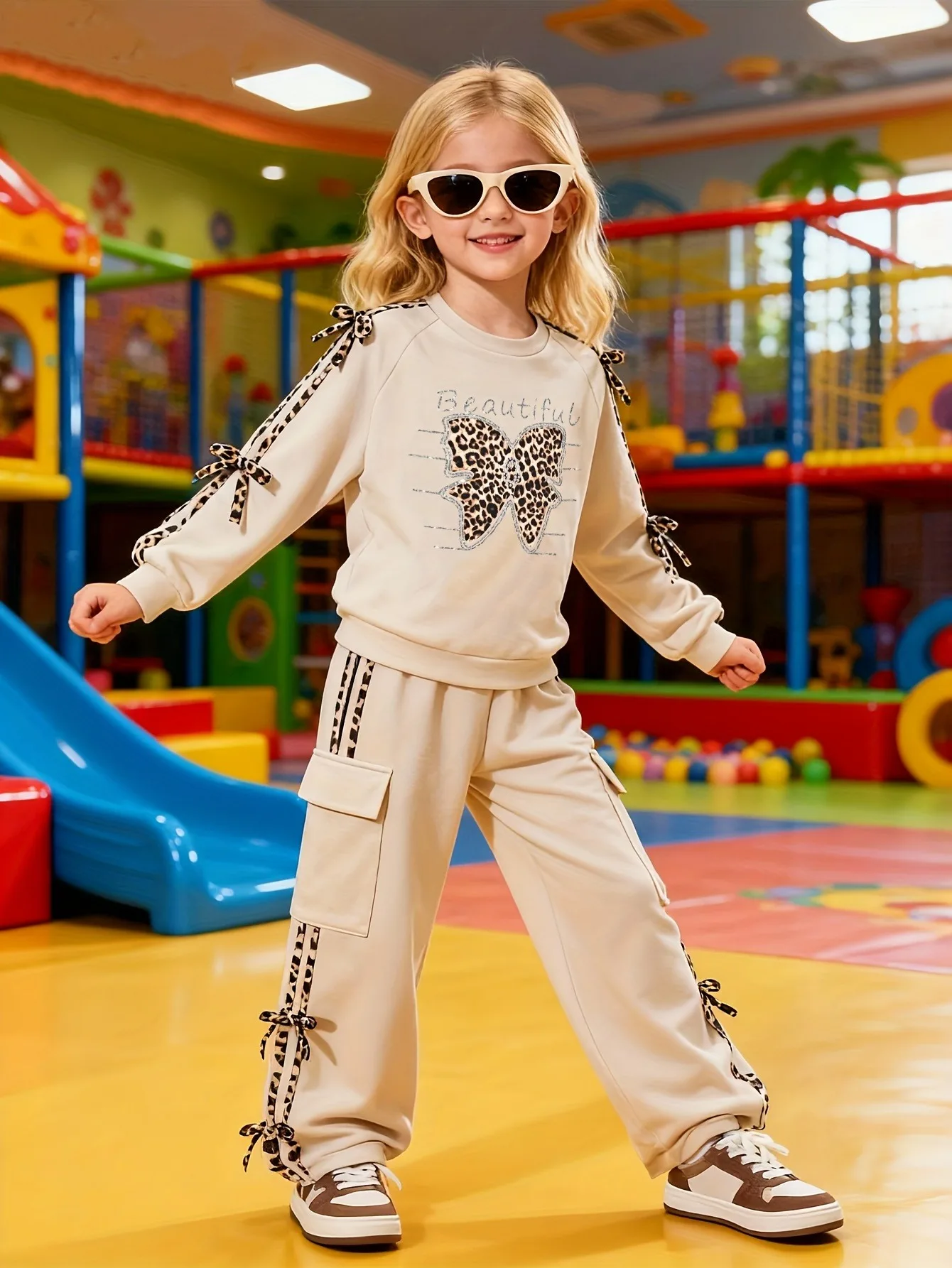 Girls 2Pcs Apricot Leopard Bow Sweatshirt Cargo Wide Leg Pants Set, Sweet Cool Casual School Tracksuit for Kids