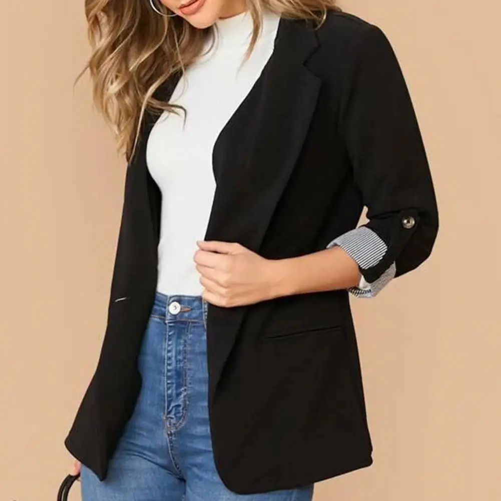 Suit Jacket Elegant Lapel Suit Coat with Single Button Closure Pockets Women\'s 3/4 Sleeve Solid Color Outerwear for Workwear