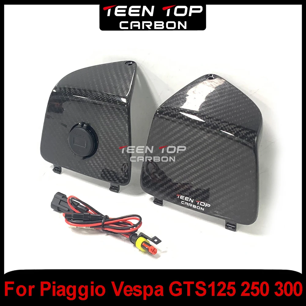 1 par de guantera delantera de fibra de carbono Real para motocicleta Piaggio Vespa GTS125 250 300 con cubierta protectora de caja de enchufe de alimentación USB