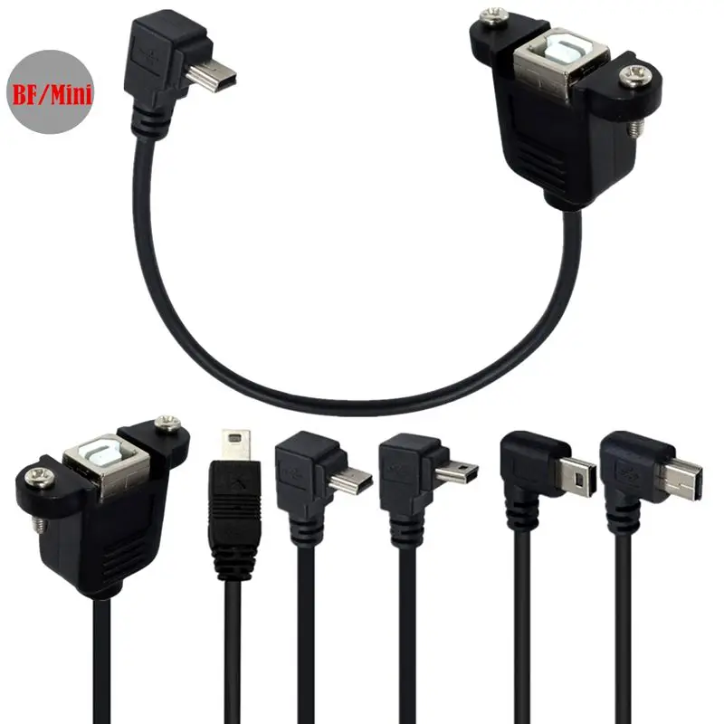 USB Mini 5Pin Male, Bend Up, Down, Left, Right 90 ° to USB B Female Printer With Ear Screw Hole Connection Cable Panel Cable