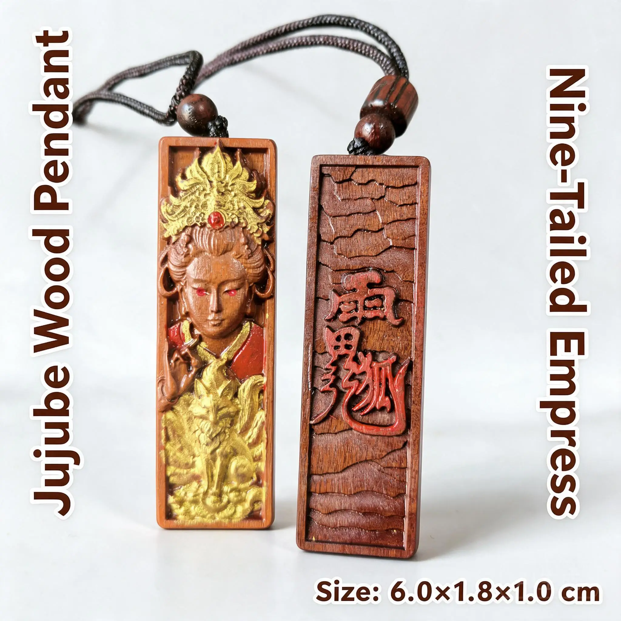 Chinese Style Lightning Struck Jujube Wood Gilded Cinnabar Nine Tailed Fox Goddess Long Pendant Lucky Blessing Fortune Amulet