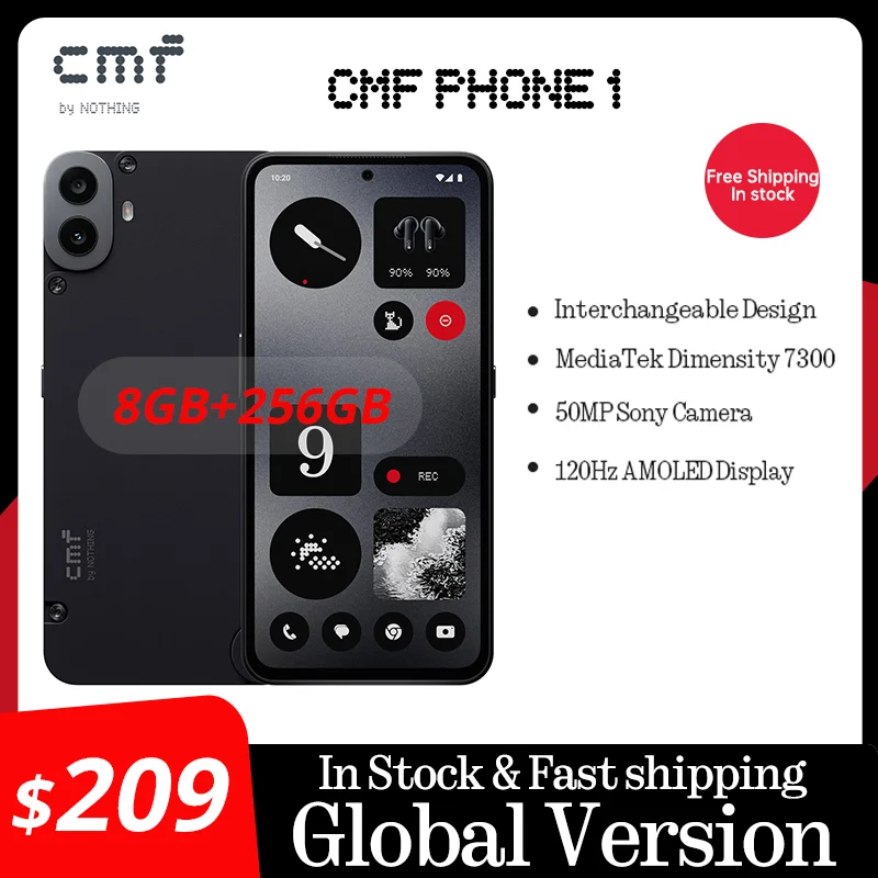 Version mondiale CMF Phone 1, écran AMOLED 6.67 ", 120Hz, Mediatek Dimrespond7300, 50MP, 5,000 mAh, IP52, 33W, développements rapides