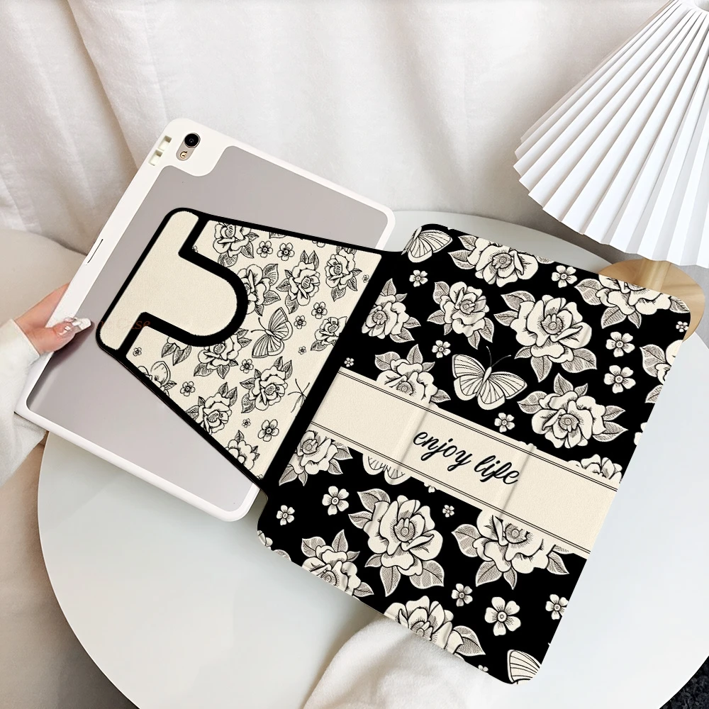 Black White Rose Pad Case For Apple iPad Pro 11 Pro 13 10.2 Pro 10.5 Air 4 5 2 3 Mini 6 7 9.7
