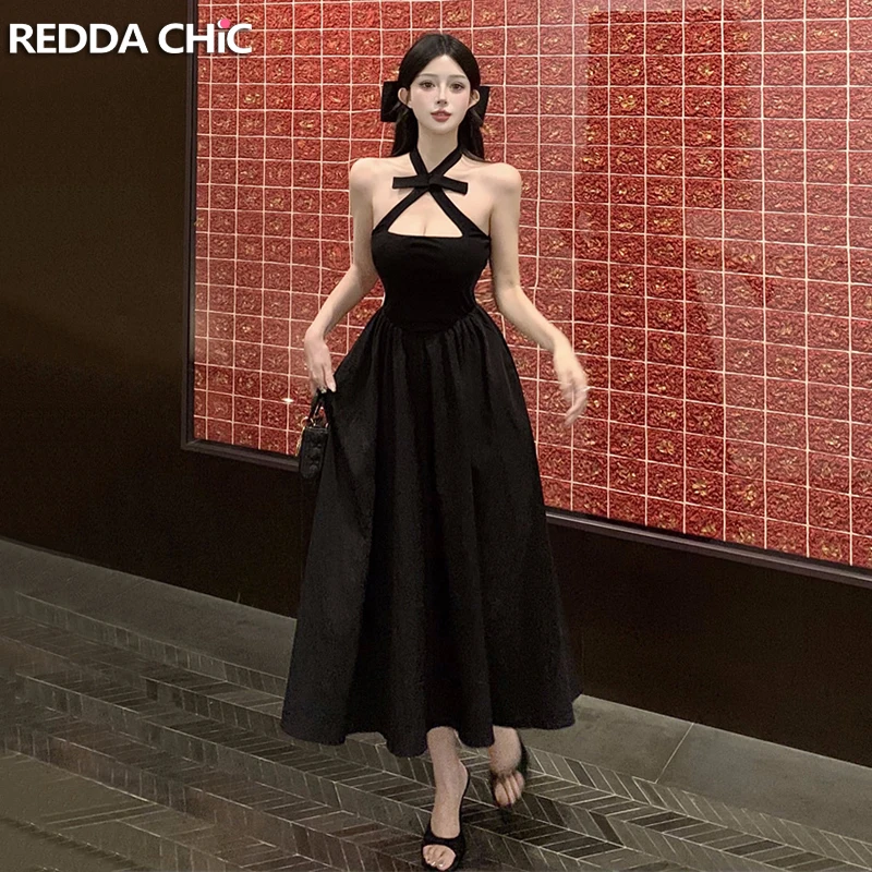 Reddaschic-Vestido largo de princesa para mujer, traje de noche con volantes, sin mangas, Espalda descubierta, con lazo y cuello Halter, para fiesta de graduación